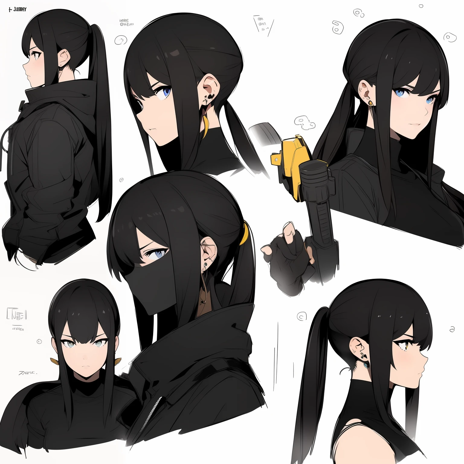 Yellow theme，Masterpiece,Best quality,offcial art,Extremely detailed Cg Unity 8K wallpaper,1girll, joy, Anger and sadness on various expressions，Single ponytail hairstyle，Glowing fist，Mechanical headphones，（（（Red gradient battle suit））），a black cloak，Hand-held laser metal weapons，White hair，character  design，Zhuzeshegi，Sketch line diagram,