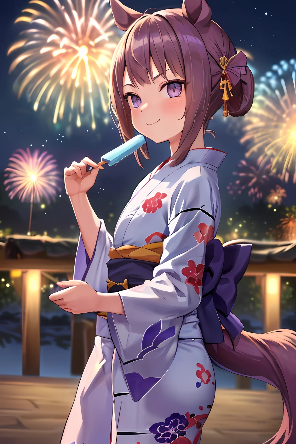 ((​masterpiece、top-quality))、、high detailing、Detailed hand、
stands、irate、fluctuation、spoilt child、portraitures、
Sweep Tosho\(Umamusume\)、Blue kimono、 ((Purple yukata, Geta), Gentle smile, Fireworks in the night sky, fireworks at background, 、modest tail、Kimono、There is only one popsicle