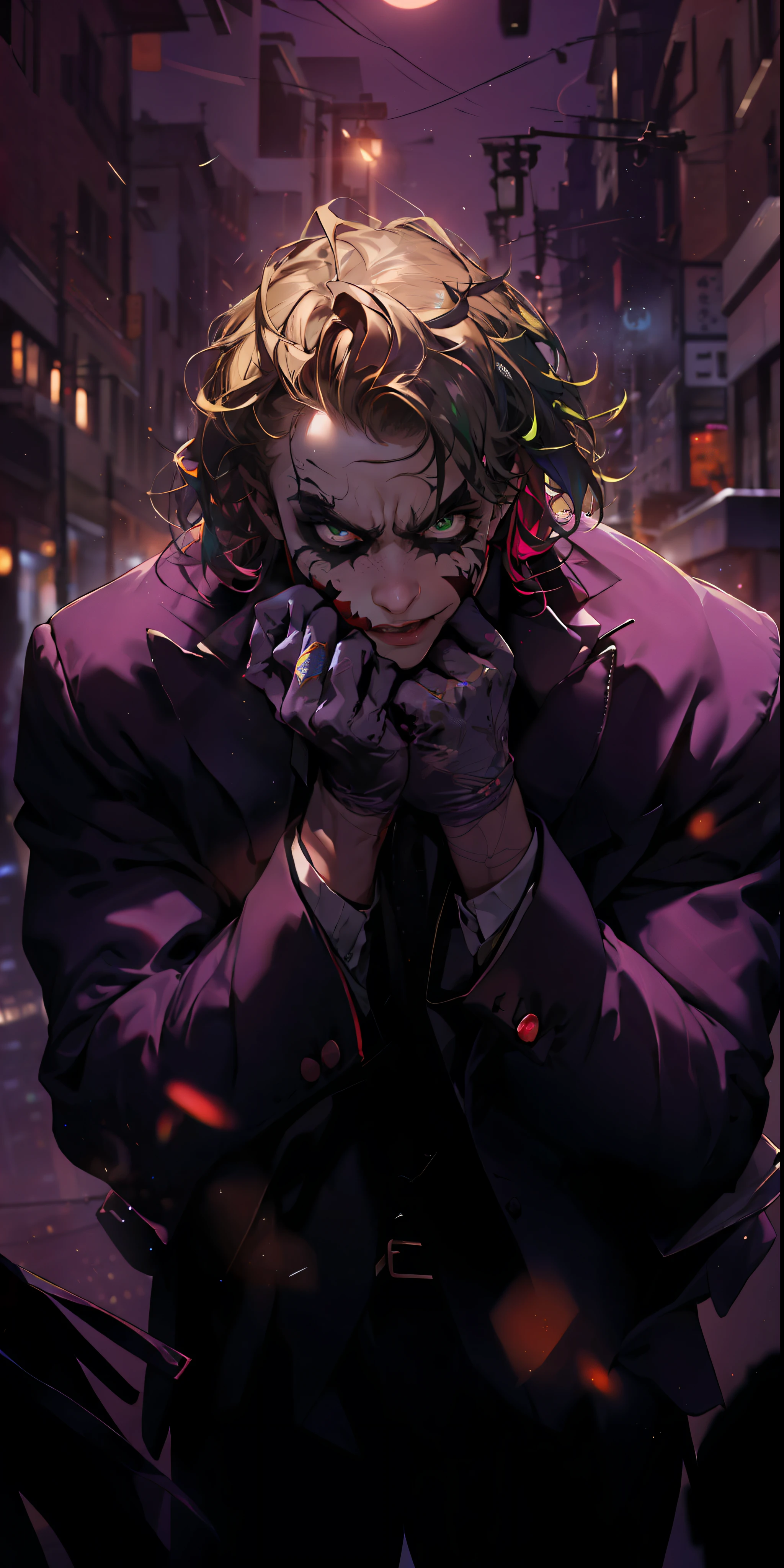 (Night:1.7), CityView, (from_front:1.4),(Close-Up:1.5),(Face_focus:1.7),(looking_at_viewer:1.9),
Standing in Street,
Purple_suit,Purple_jacket,Green_shirt,collar,necktie,
Joker,Green_hair,1 old_Man, 50yo,male,looking at viewer,(angry:1.0),
NSFW,official art,extremely detailed CG unity 8k wallpaper, perfect lighting,Colorful, Bright_Front_face_Lighting,
(masterpiece:1.0),(best_quality:1.0), ultra high res,4K,ultra-detailed,
photography, 8K, HDR, highres, absurdres:1.2, Kodak portra 400, film grain, blurry background, bokeh:1.2, lens flare, (vibrant_color:1.2)