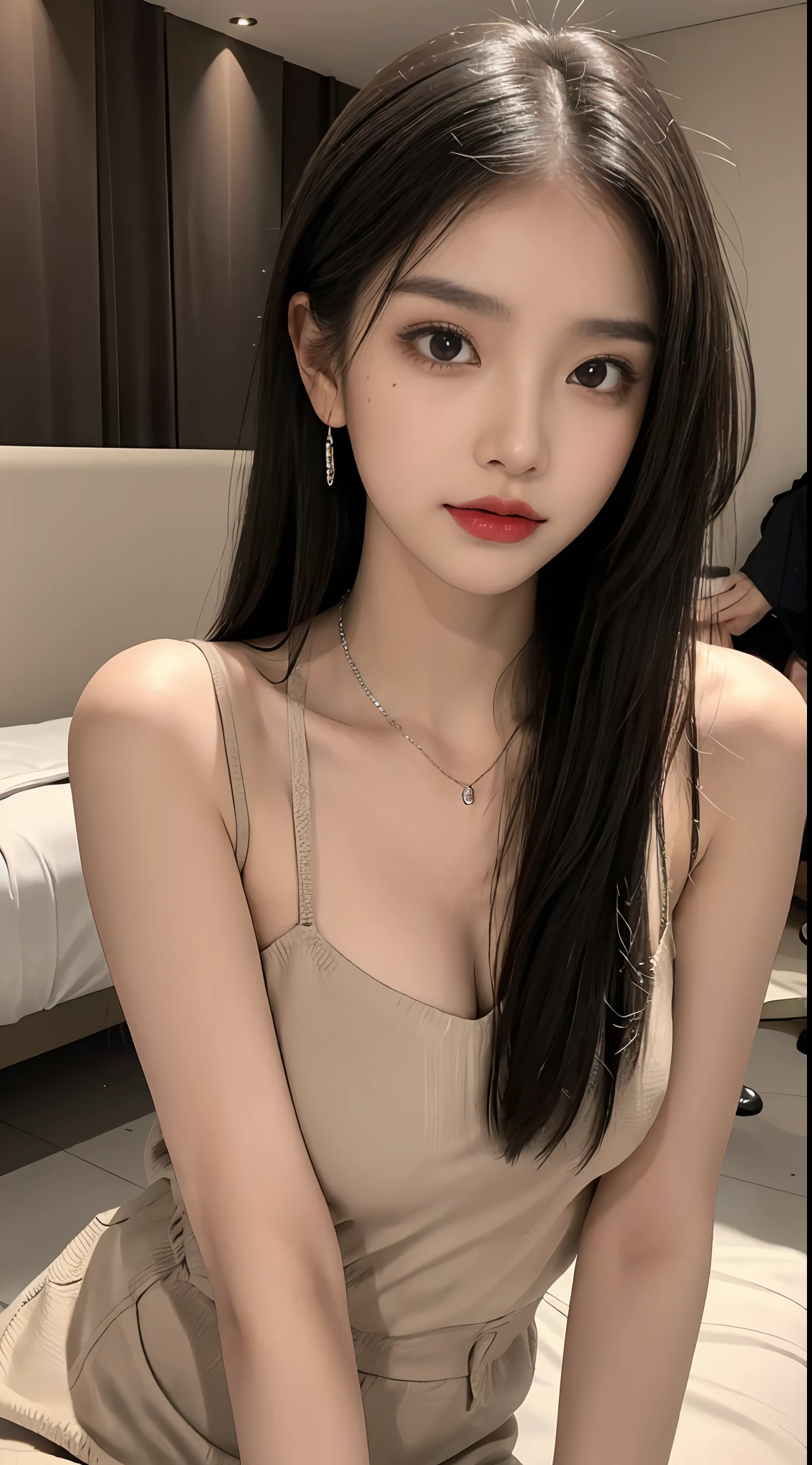 (tmasterpiece)，Best quality at best，8K resolution，3d，A beautiful girl，Wear suspenders，With a necklace，There is a beauty mole under the corner of the left eye ，perfect body figure，((Beautiful detailed face))，(full bodyesbian:1.2)，Black color hair（untidy），Delicate makeup，Redlip，Oily lips，long eyelasher，With silver earrings，Big bright eyes，eye shadows，Lying silkworm，cinmatic lighting，cute female ，Works of masters，high detal，The picture is colorful，Light and shadow details，Extremely delicate beautiful girl，Supple and fair skin，Exquisite facial features，s the perfect face，Stunning beauty，extremy detailed，Realistic details，face to the viewer，, sharp focus:1.2, 1girll