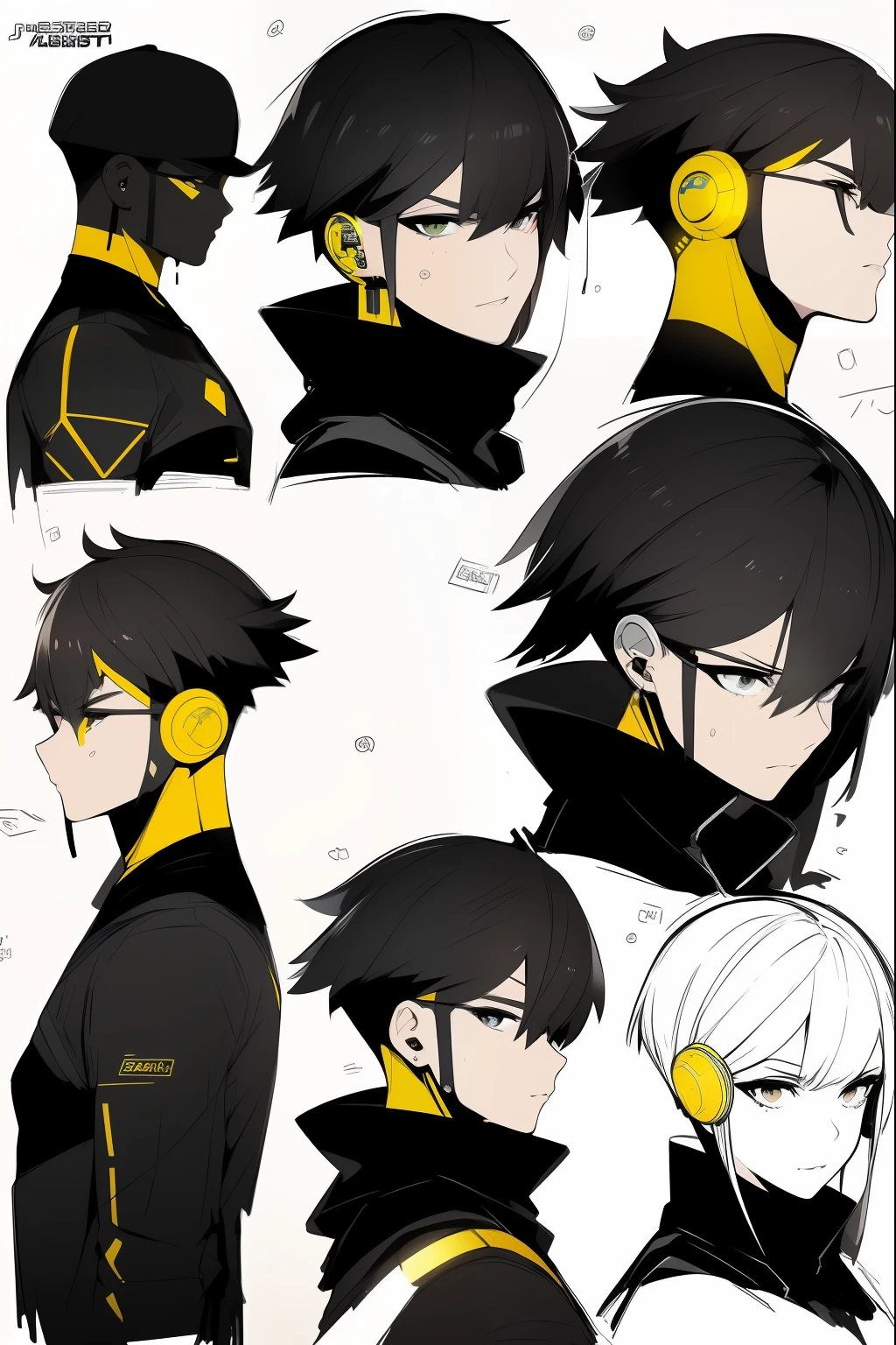 Yellow theme，Masterpiece,Best quality,offcial art,Extremely detailed Cg Unity 8K wallpaper,1girll, joy, Anger and sadness on various expressions，Short hairstyle，Glowing fist，Mechanical headphones，（（（Yellow combat uniform））），a black cloak，Hand-held laser metal weapons，White hair，character  design，Zhuzeshegi，Sketch line diagram,