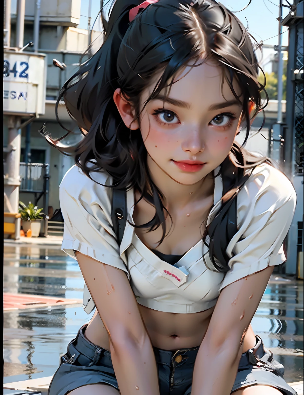 Girl kneeling in the playground after school ((the whole body is visible)), far from the viewer.
She is beautiful, pretty, adorable, cute, young, teen.
She is slim, slender, , lean, (flat breasts), (small), (small breasts).
She is sweaty, wet and soaked. Transparent clothes, sweaty on the skin, wet hair.
She is grinning. She looks natural, relaxed and unpretentious.
Deceptive face. Make funny faces. (tongue sticking out), telling secrets, hiding secrets, shy, excited.
She stares at the viewer.
She has a black ponytail.
She wears a uniform, a rolled up white shirt with a blue collar, a colored corduroy sports bra undershirt, blue shorts, and two layers.
Shirt lift,. (((She lifts her shirt and shows off her sports bra underneath))).
Camera focused on her face, face light, very large aperture, ((f / 1.2)), shallow depth of field, strong background lens blur, ISO 3000, automatic white balance,
Highly detailed professional lighting, soft light, raw photos, UNIQLO fashion models,
Top quality, masterpieces, award-winning photos, huge file size, 8K, high resolution,
Shot with a Sony DSLR.