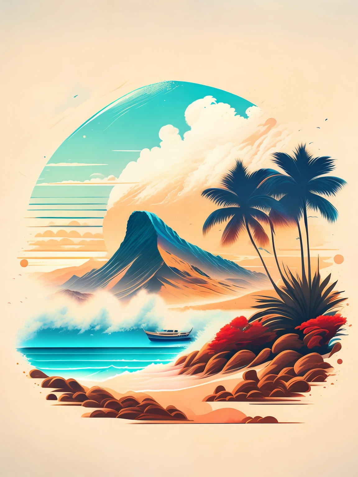 Una playa en un paisaje de verano., design de camiseta, MEDIO VIAJE, arte vectorial, Moda Surf