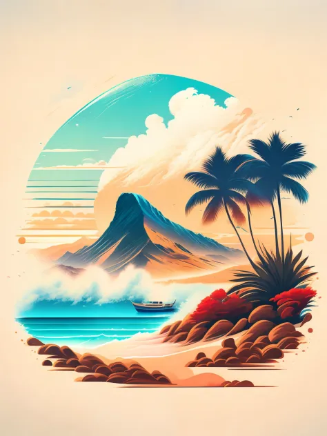 A beach in a summer landscape, design de camiseta, midjourney, arte vetorial, moda surf
