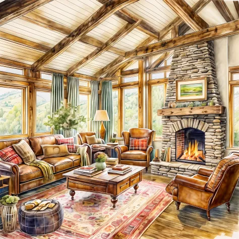 a modern living room design with a cozy and rustic feel, featuring exposed wooden beams on the ceiling, a stone fireplace with a...