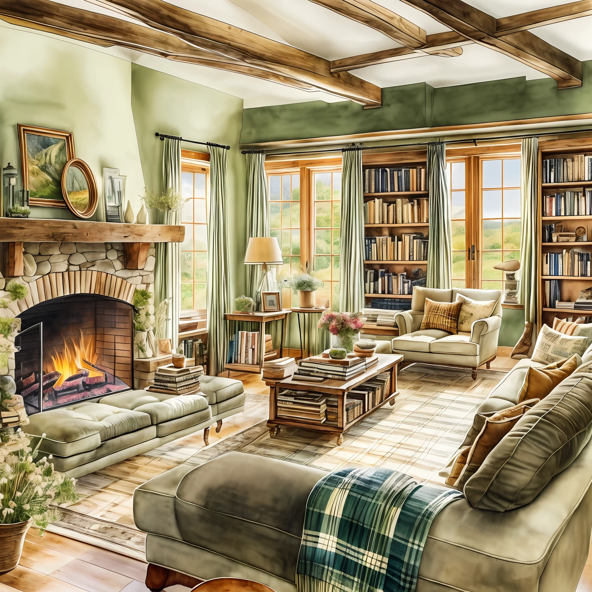 A modern living room design with a cozy and rustic feel, featuring exposed wooden beams on the ceiling, a stone fireplace with a crackling fire, comfortable leather sofas with plaid blankets, a bookshelf filled with vintage books and family heirlooms, large windows overlooking a serene countryside with rolling hills and a gentle stream, warm and inviting atmosphere, Artwork, watercolor painting on paper