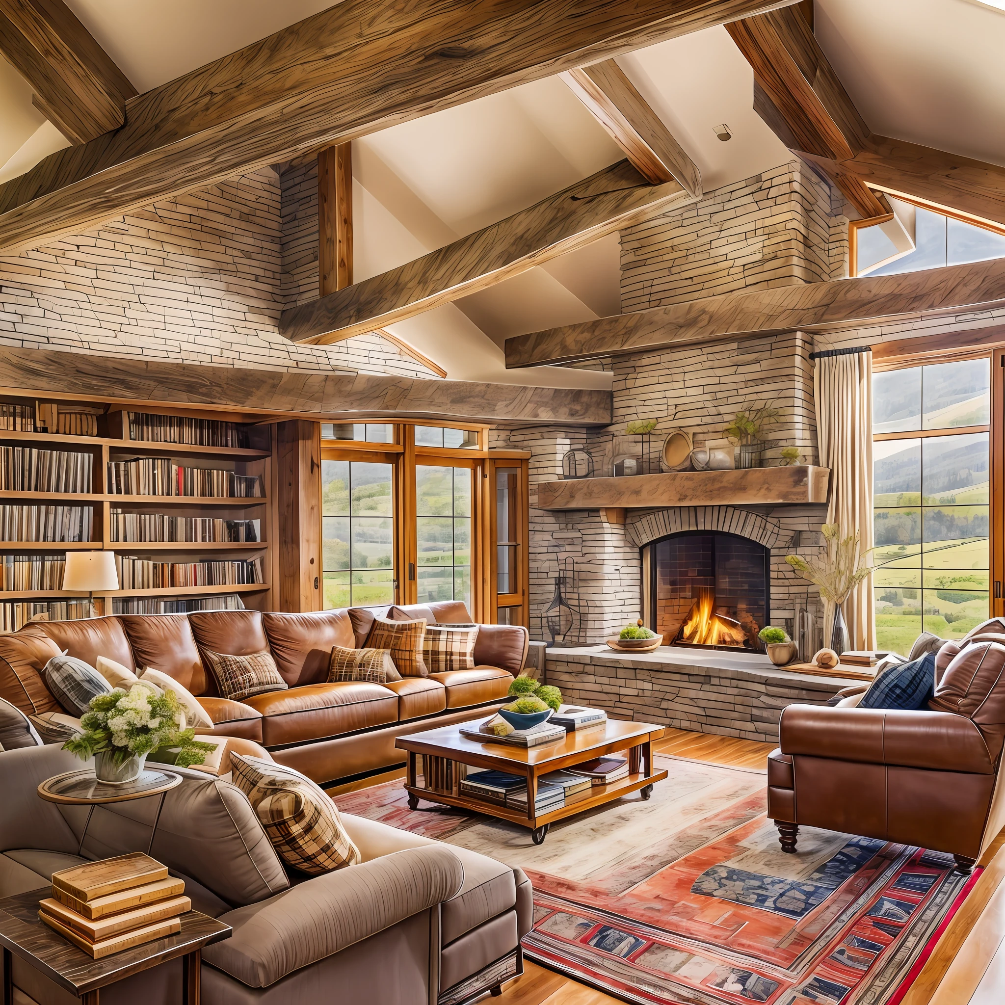 A modern living room design with a cozy and rustic feel, featuring exposed wooden beams on the ceiling, a stone fireplace with a crackling fire, comfortable leather sofas with plaid blankets, a bookshelf filled with vintage books and family heirlooms, large windows overlooking a serene countryside with rolling hills and a gentle stream, warm and inviting atmosphere, Artwork, watercolor painting on paper