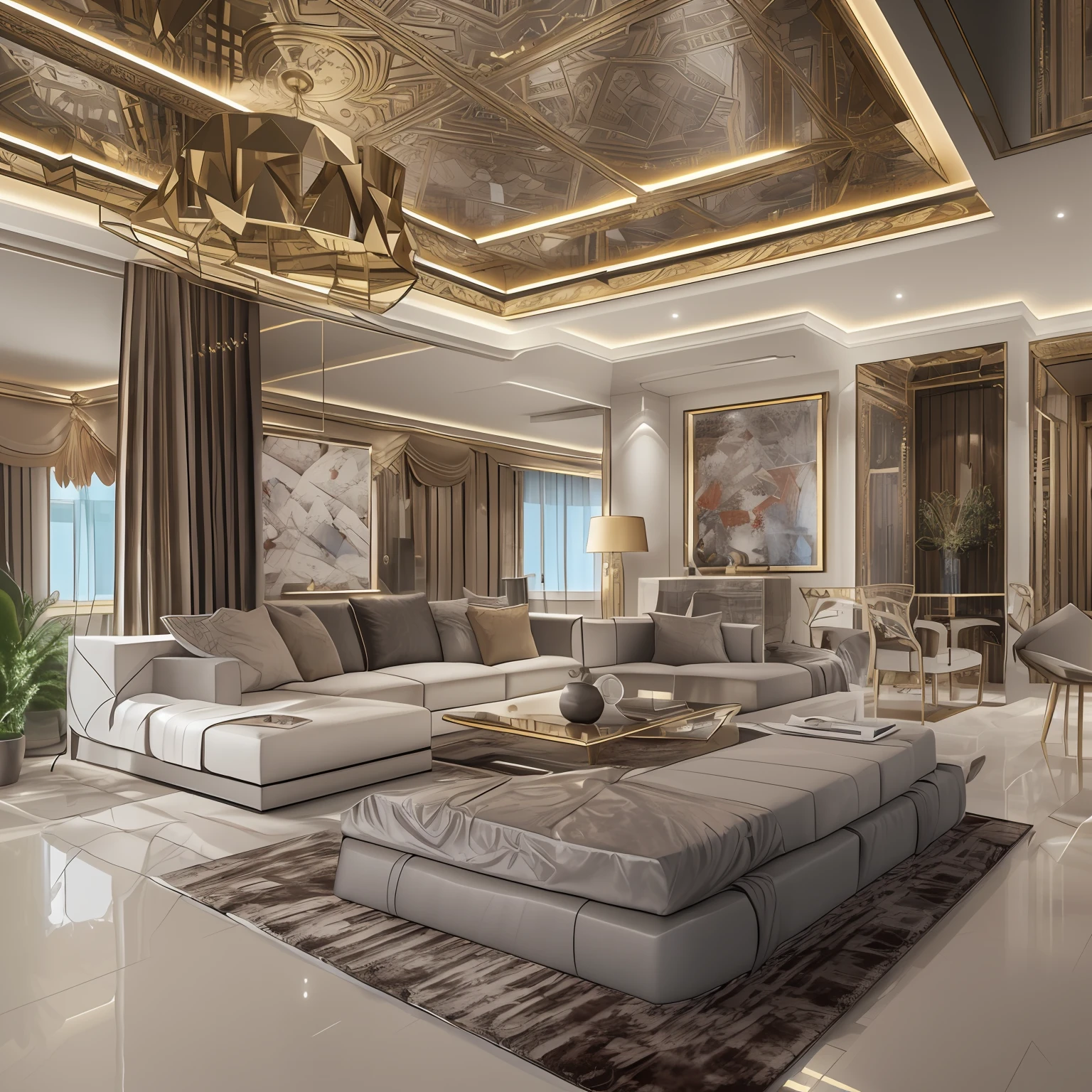 high high quality，Best quality at best，Realiy，Super realistic，super detailing,tmasterpiece，A high resolution，8K，Very realistic，Technology modern living room design,Heavy metallic texture，Strong cultural atmosphere，a 3D render