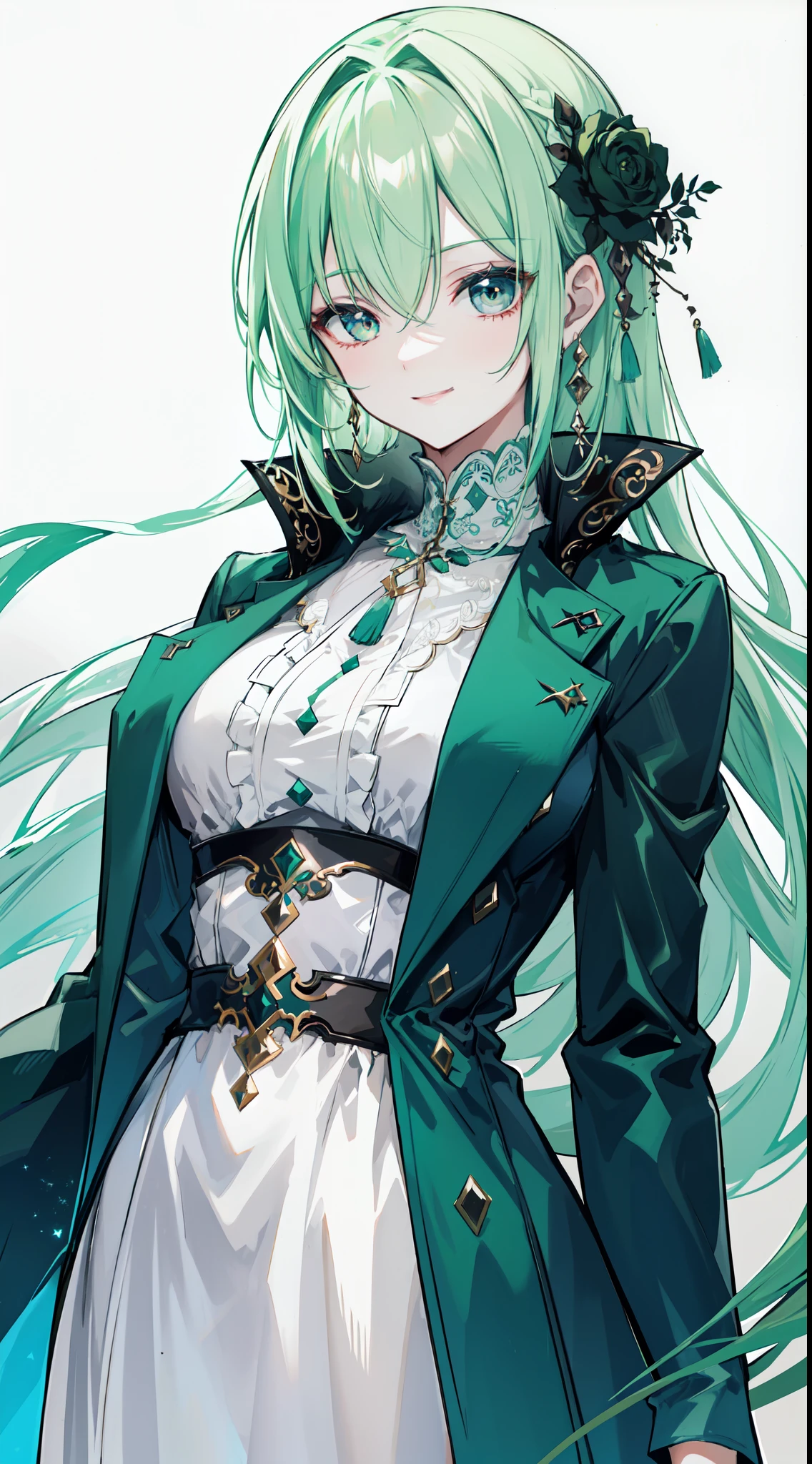 "4k, deep dark ruin without light, there's a elegant mature woman, with green tied hair, closes golden eyes, wears elegant white casual dress and coat, she look cool, she have warmly smile."