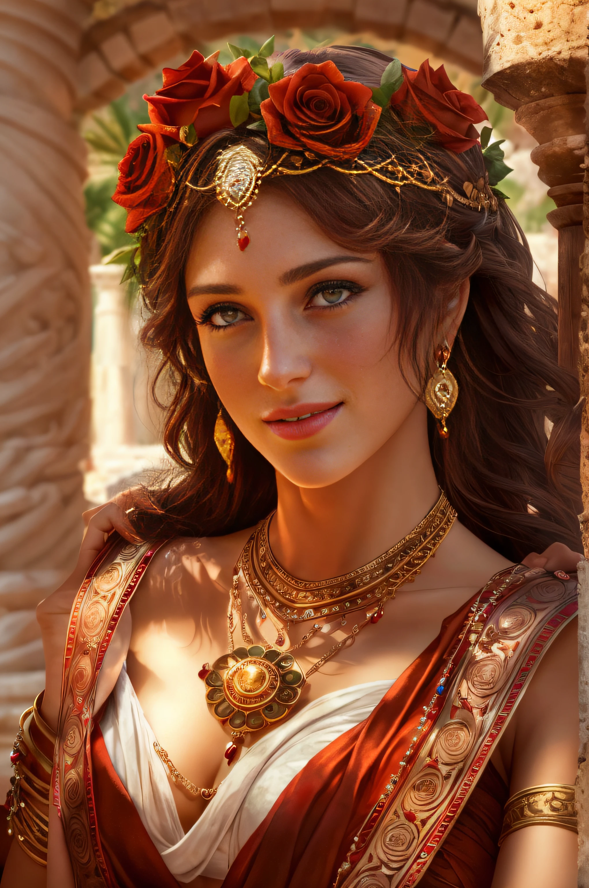 goddess of love and lust, with brown hair and brown eyes, is glossy-skinned, looks gorgeous and attractive, is smiling sensual and cruel, wears crimson greek toga, puts on jeweled golden ornaments, circlet, necklace, bangles, bracelets, ancient cyprus island, ancient greek garden, pigeons, roses, Greek mythology, sensual atmosphere, photorealistic, super high quality, super detail, ultra-accurate and precise description of hands, masterpiece, 8K, HDR