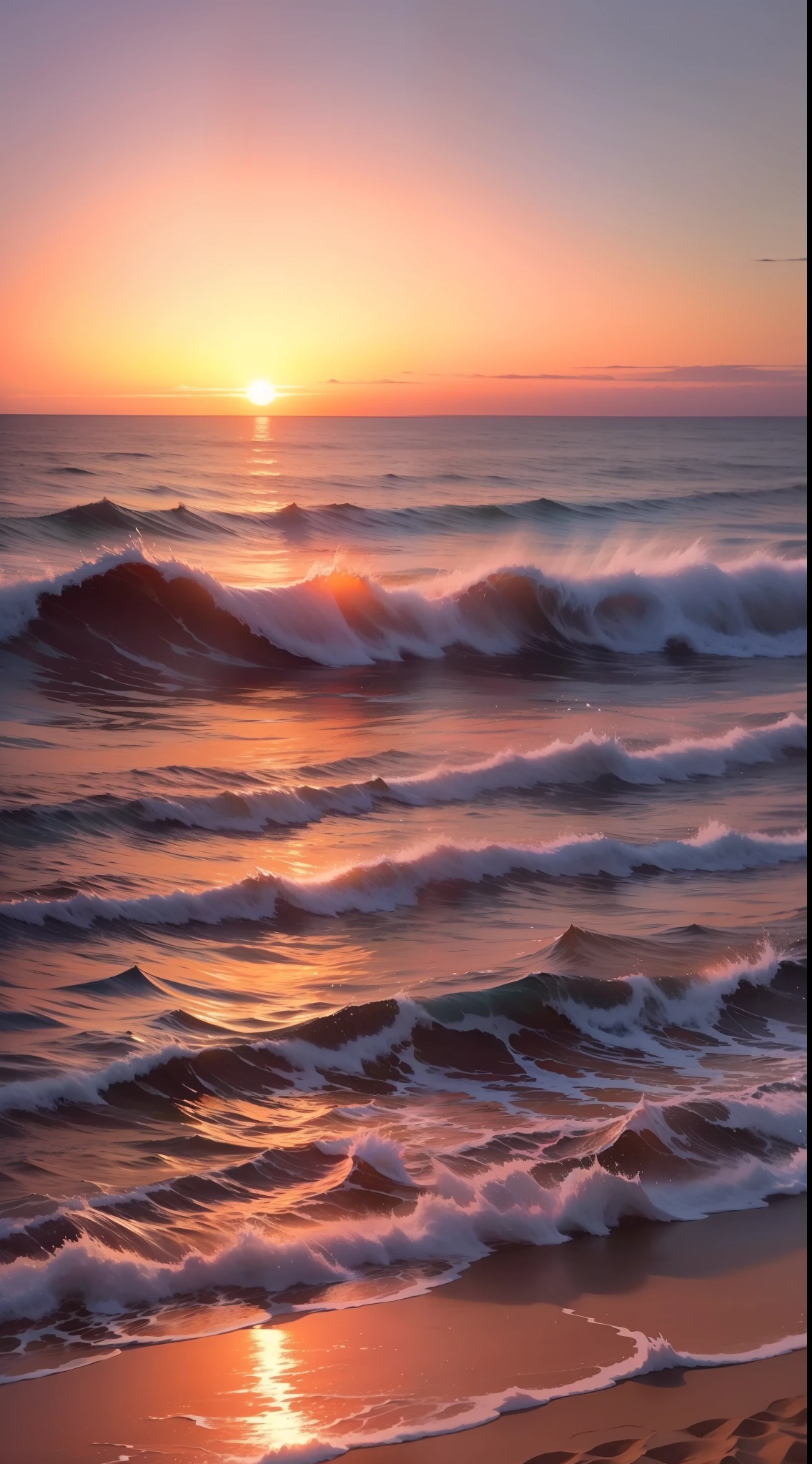 Absolutely mesmerizing sunset on the beach with a mix of oranges, pinks and yellows in the sky. The water is crystal clear, gently kissing the shore, and the white sand is endless. The scenes are action-packed and breathtaking, with seagulls soaring high in the sky and palm trees swaying gently. Immerse yourself in the calm atmosphere and let the serenity surround you.