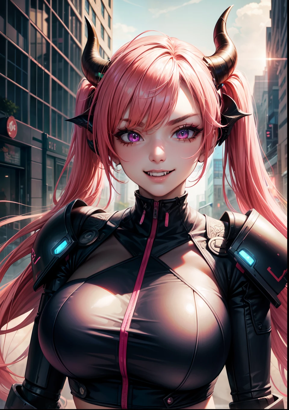 4k, twin tails ,Lens flare, pink hair ,mascara, eyeliner, god rays, 4k, 8k, best quality, masterpiece, hyper detailed, intricate detail, 1girl, solo, detailed, Detailed fuschia hair ++, detailed pink eyes ++,  raytracing, perfect shadow, highres, enhanced eyes,  huge breasts, horns,   evil grin, narrow eyebrows, seductive, fangs, hyper detailed, interesting background, , detailed face, detailed clothing. volumptuous, colourful background, futuristic setting, ai, cyberwear, robot, in the city,