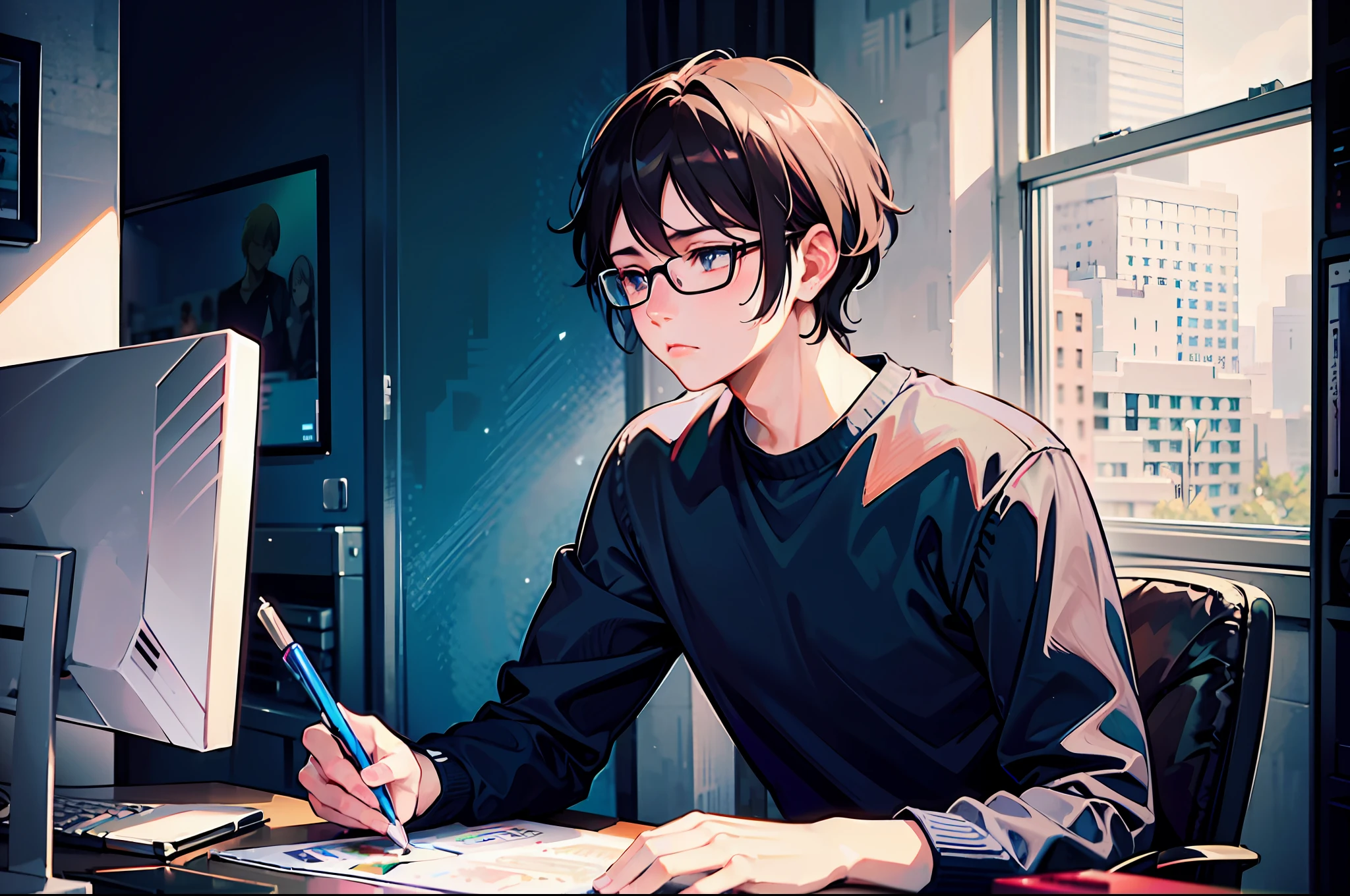 anime - style image of a college boy with glasses sitting in front of a computer, blue shirt, side view, sad face, tired, lofi portrait, anime style portrait, digital anime illustration, detailed digital anime art, anime portrait, anime moe artstyle, realistic anime art style, anime realism style, semirealistic anime style, anime character portrait, realistic anime 3 d style, high quality anime artstyle