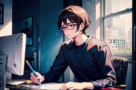 anime - style image of a college boy with glasses sitting in front of a computer, blue shirt, side view, sad face, tired, lofi p...