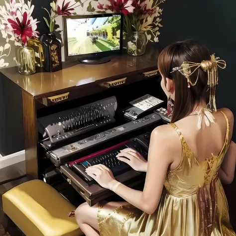1girll,playgame,From behind,monitor,keyboard,red and gold dress