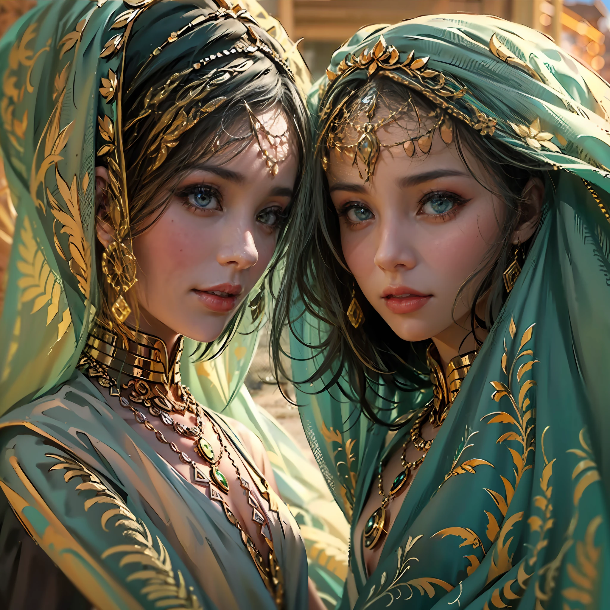 in a panoramic view，photorealestic，8K，Arabic style，golden hues，with blue sky and white clouds，Desert oasis，A market outside the luxury Arabic tent cluster，2 Arab slave girls，Wear a translucent traditional Arabian burqa，Arabic hijab，The Arabian veil is masked，Bind your hands，bound waist，anklet，sat on the ground，Eyes seductive，Masks, Masks，Gorgeously dressed，A noblewoman in a lavish Arabian burqa，See them up close，All masked，Perfectcomposition，professional，Meistwick，commissioned，best qualtiy，color corrected，After fixation，Retouching，Improvement，Epic，Tone-mapping，the detail， highly  detailed， digitial painting， art  stations， Conceptual map of the long dam， Smoothness， Sharp focus， Beautiful illustration， photore， The light from the back window is backlighted， Dynamic Lighting， crap， complex， cinematic grain， professional， face to the viewer，（Beautiful m3d_woman， Perfect M3D_face,）， Volumetriclighting， subsurfacescattering， Good highlights， Good shadows， cinematic ligh