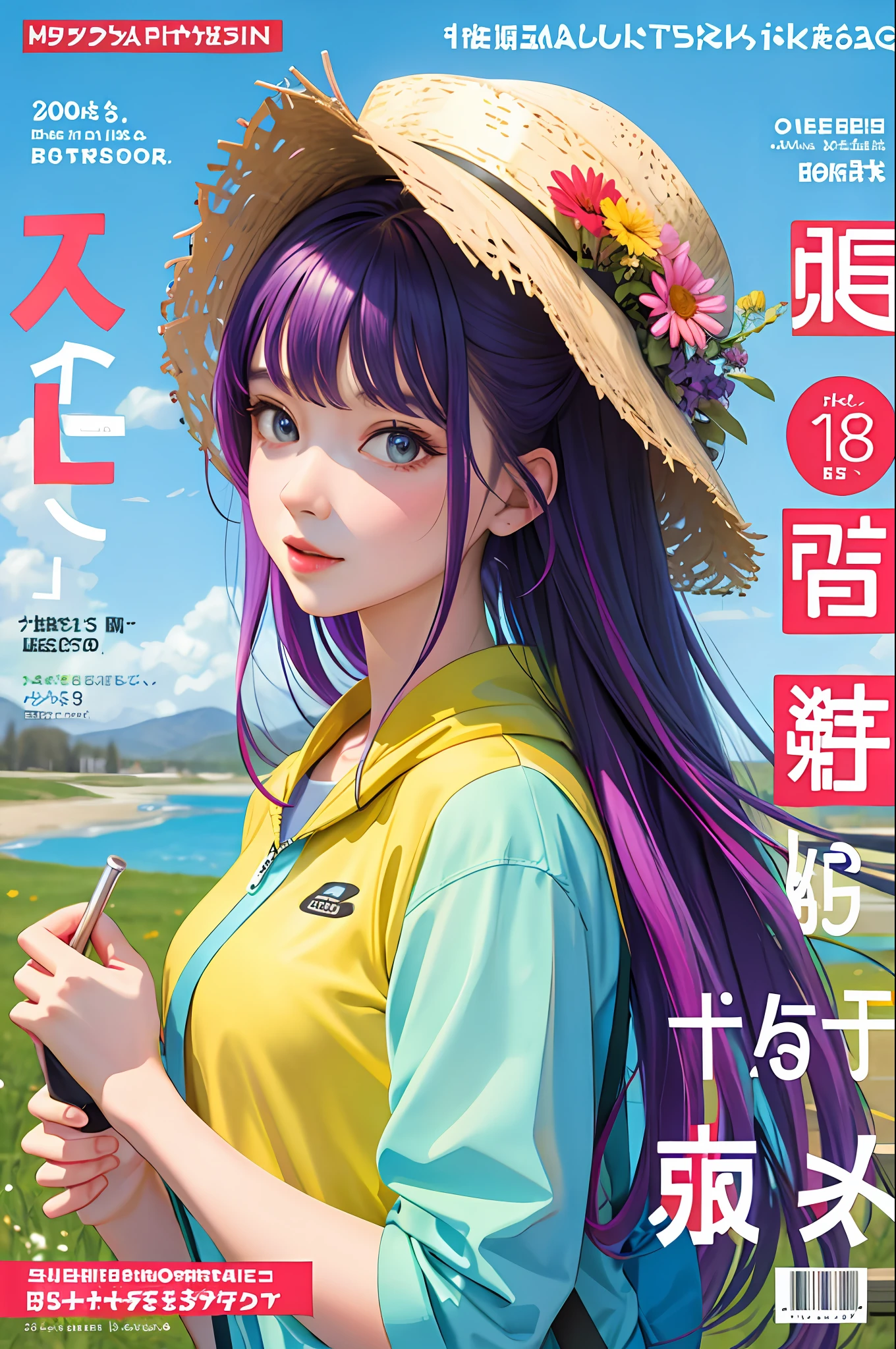 masterpiece, best quality, spring outfit, colorful hair, outdoor, magazine cover ,upper body,