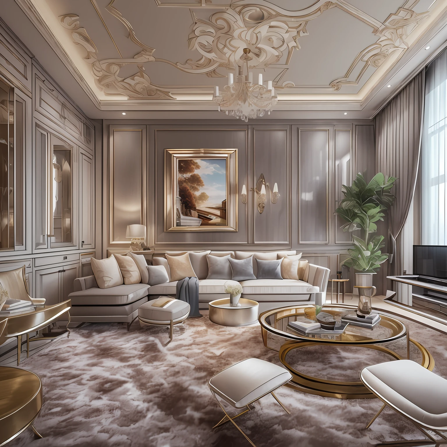 high high quality，Best quality at best，Realiy，Super realistic，super detailing,tmasterpiece，A high resolution，8K，Very realistic，Technology modern living room design,Heavy metal texture，Strong cultural atmosphere，Romantic girly feelings，a 3D render