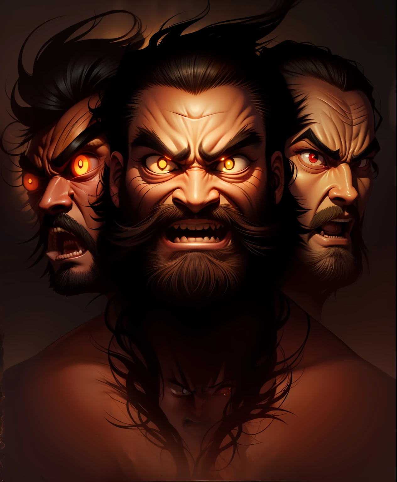 Angry three-headed man，Double eyes，buck teeth，Hair stands on end，Fire，