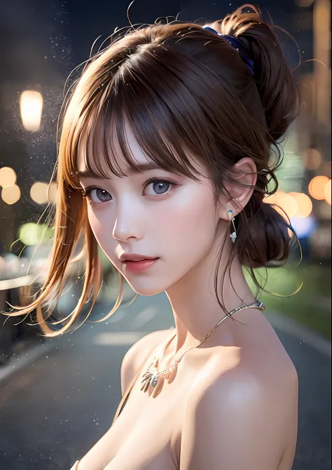 (Standing on a dark street),(streetlights),(low-key lighting),(natta),Random posture, (extremely delicate and beautiful work), (​masterpiece), 1girl in, Full naked girl, highDetails, West Creek, Warped ponytail, Charming look, Beautiful and clear eyes, gre...