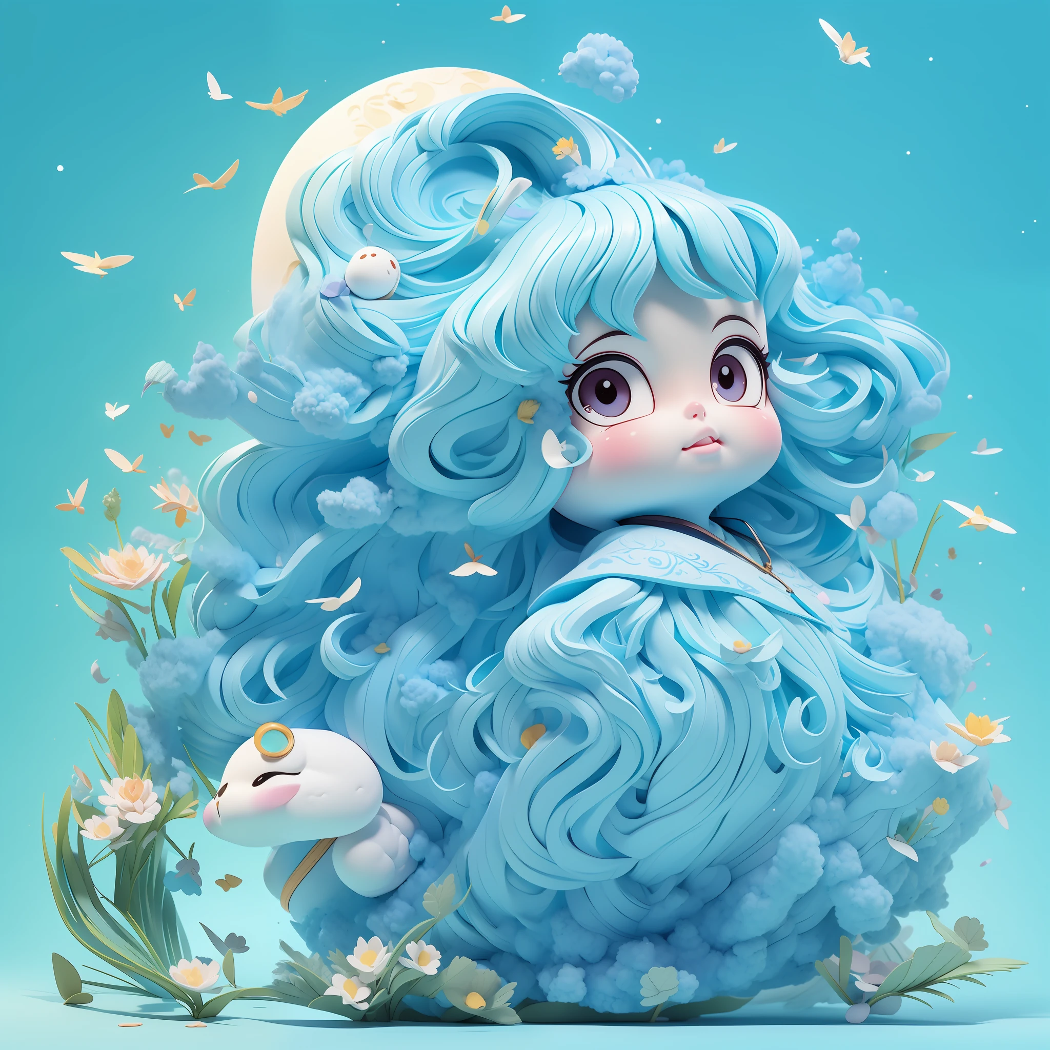 Inspired by the legend of Chang'e running to the moon，Present a blind box style artwork。The focus of the work is on a super cute character，Has oversized and attractive eyes，Fly gracefully to the moon，Accompany Jade Rabbit。The character's clothes are fluttering，It creates a flowing and flowing beauty。Pastel tones of color，Mainly blue and white，Create a fantastic atmosphere。The work was created using a combination of traditional and digital media，Presents fascinating and detailed illustrations