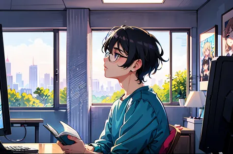 portrait of a college boy with glasses sitting in front of a computer reading a book, blue shirt, side view, sad face, tired, lo...