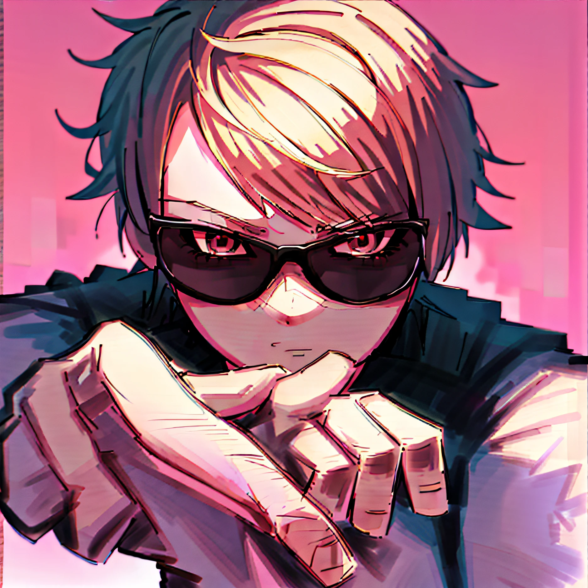 Anime boy with sunglasses pointing camera with pink background, zerochan art, digital art from danganronpa, 2 d anime style, Clench your fists, Key anime art, ,Handsome anime pose, persona 5 art style wlop, Range Murata and Artgerm, High-quality fanart, persona art style, Artgerm on ArtStation Pixiv