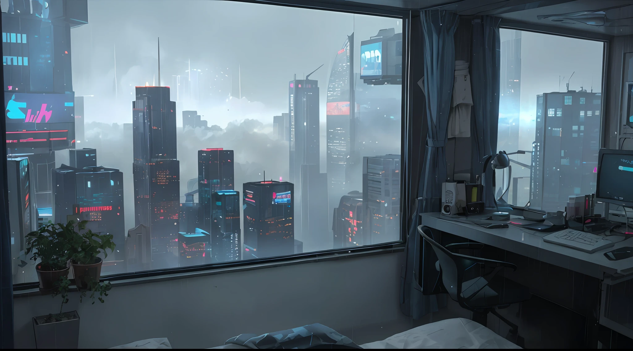 Gorgeous sci-fi matte painting for John Harris' bedroom, Sparta and Greg Rutkowski. sharp edges, Camera Straight, Tiffany Blue, Small bedroom, Teenage room, A small room, computer, dark gray, Blue-gray.. ((Sci-fi bedroom , Outside the windows of the cyberpunk cityscape, Outside the window are tall buildings and billboards, small window, Cyberpunk room, rain outside the window, Fog effect outside the window)), gloomily. Ultra-sharp detail, 3d, октановый рендеринг 8K, There is a desk with a computer