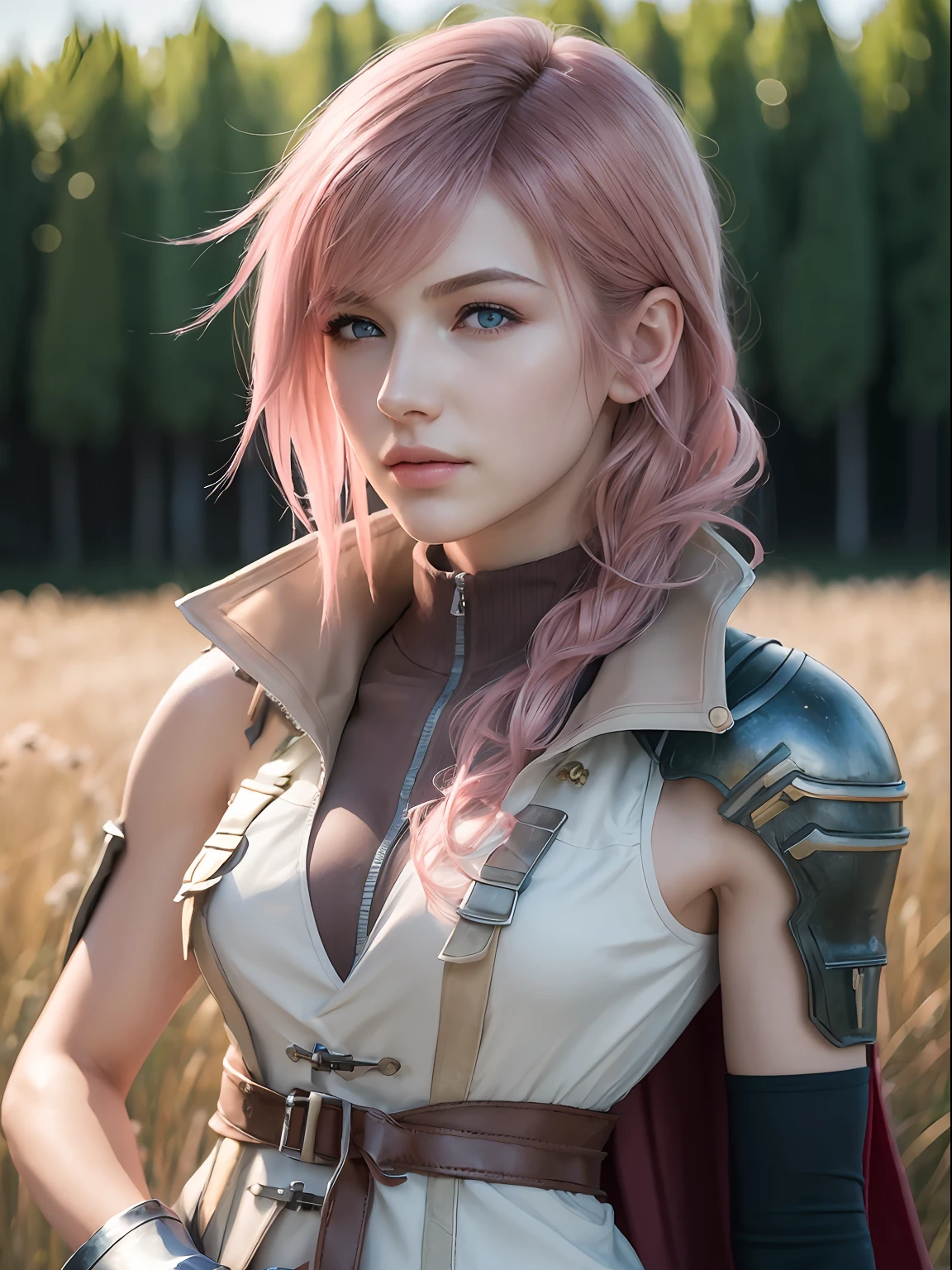 (masterpiece, best quality:1.4), (standing:1.5), (1girl, solo:1.5), (european youth:1), lightning farron, sleeveless, shoulder armor, cape, skirt, fingerless gloves, looking at viewer, (soft pink hair:0.5), sexy smile, beautiful face, highly detailed face, highly detailed skin, skin pores, in a field, subsurface scattering, realistic pupils, medium breast, full face blush, full lips, detailed background, depth of field, volumetric lighting, sharp focus, absurdres, realistic proportions, good anatomy, (realistic, hyperrealistic:1.4), 16k hdr,