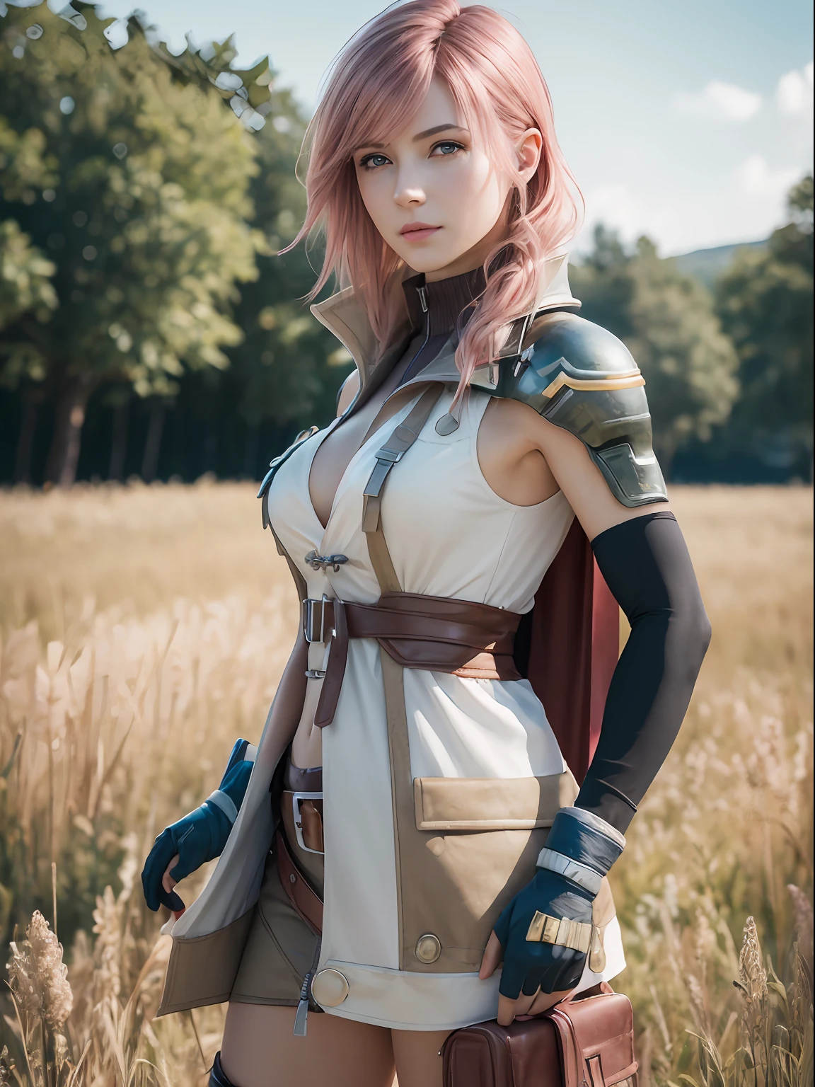 (masterpiece, best quality:1.4), (standing:1.5), (full body shot), (1girl, solo:1.5), (european youth:1), lightning farron, sleeveless, shoulder armor, cape, skirt, fingerless gloves, looking at viewer, (soft pink hair:0.5), sexy smile, beautiful face, highly detailed face, highly detailed skin, skin pores, in a field, subsurface scattering, realistic pupils, medium breast, full face blush, full lips, detailed background, depth of field, volumetric lighting, sharp focus, absurdres, realistic proportions, good anatomy, (realistic, hyperrealistic:1.4), 16k hdr,