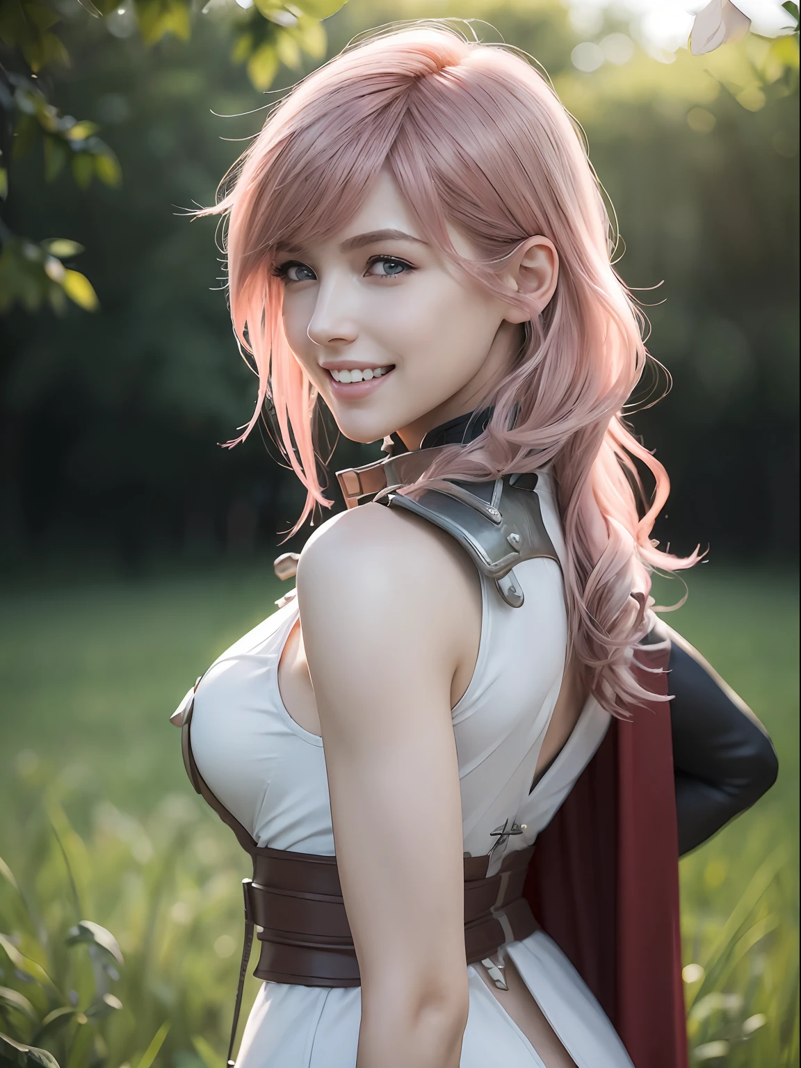 (masterpiece, best quality:1.4), (standing:1.5), (full body shot), (from behind), (1girl, solo:1.5), (european youth:1), lightning farron, sleeveless, shoulder armor, cape, skirt, fingerless gloves, looking at viewer, (soft pink hair:0.5), (sexy smile:1.5), beautiful face, highly detailed face, highly detailed skin, skin pores, in a field, subsurface scattering, realistic pupils, medium breast, full face blush, full lips, detailed background, depth of field, volumetric lighting, sharp focus, absurdres, realistic proportions, good anatomy, (realistic, hyperrealistic:1.4), 16k hdr,