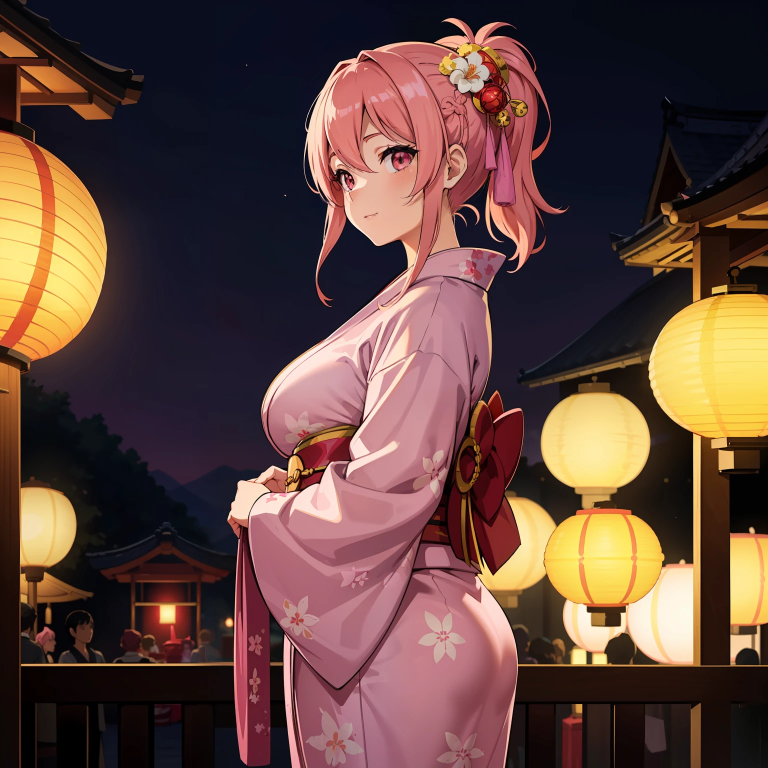 Beautiful girl, cinematic lighting, (summer night), shiny pink hair, pony tail, pig tail hair, wonderful yukata, kimono, yukata, detailed background, summer festival background night, lantern lighting, posing, ambient atmosphere, warm lantern lighting, bigger curves,