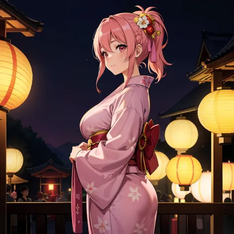 beautiful girl, cinematic lighting, (summer night), shiny pink hair, pony tail, pig tail hair, wonderful yukata, kimono, yukata,...