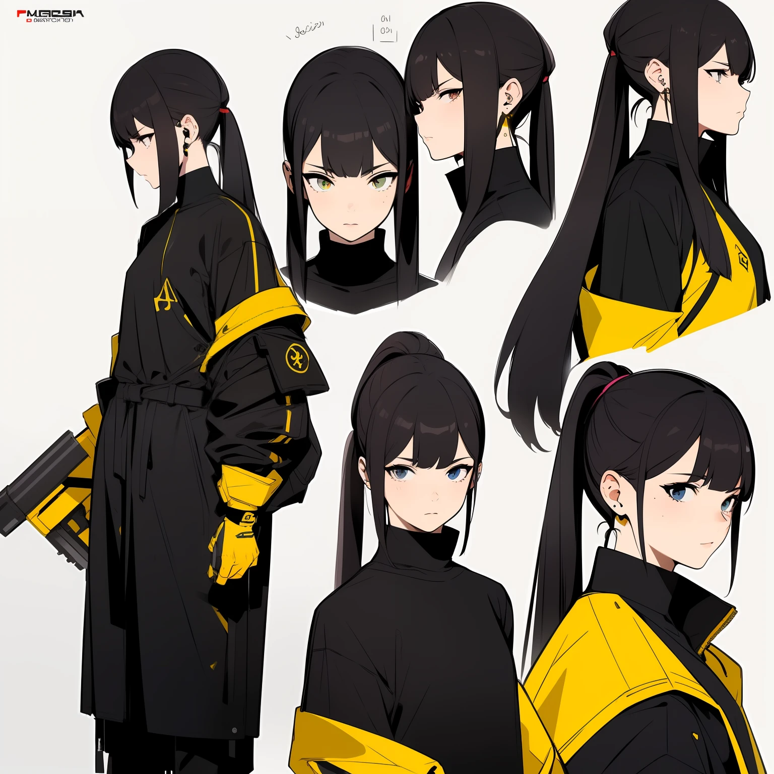 Yellow theme，Masterpiece,Best quality,offcial art,Extremely detailed Cg Unity 8K wallpaper,1girll, joy, Anger and sadness on various expressions，Single ponytail hairstyle，Glowing fist，Mechanical headphones，（（（Red gradient battle suit））），a black cloak，Hand-held laser metal weapons，White hair，character  design，Zhuzeshegi，Sketch line diagram,