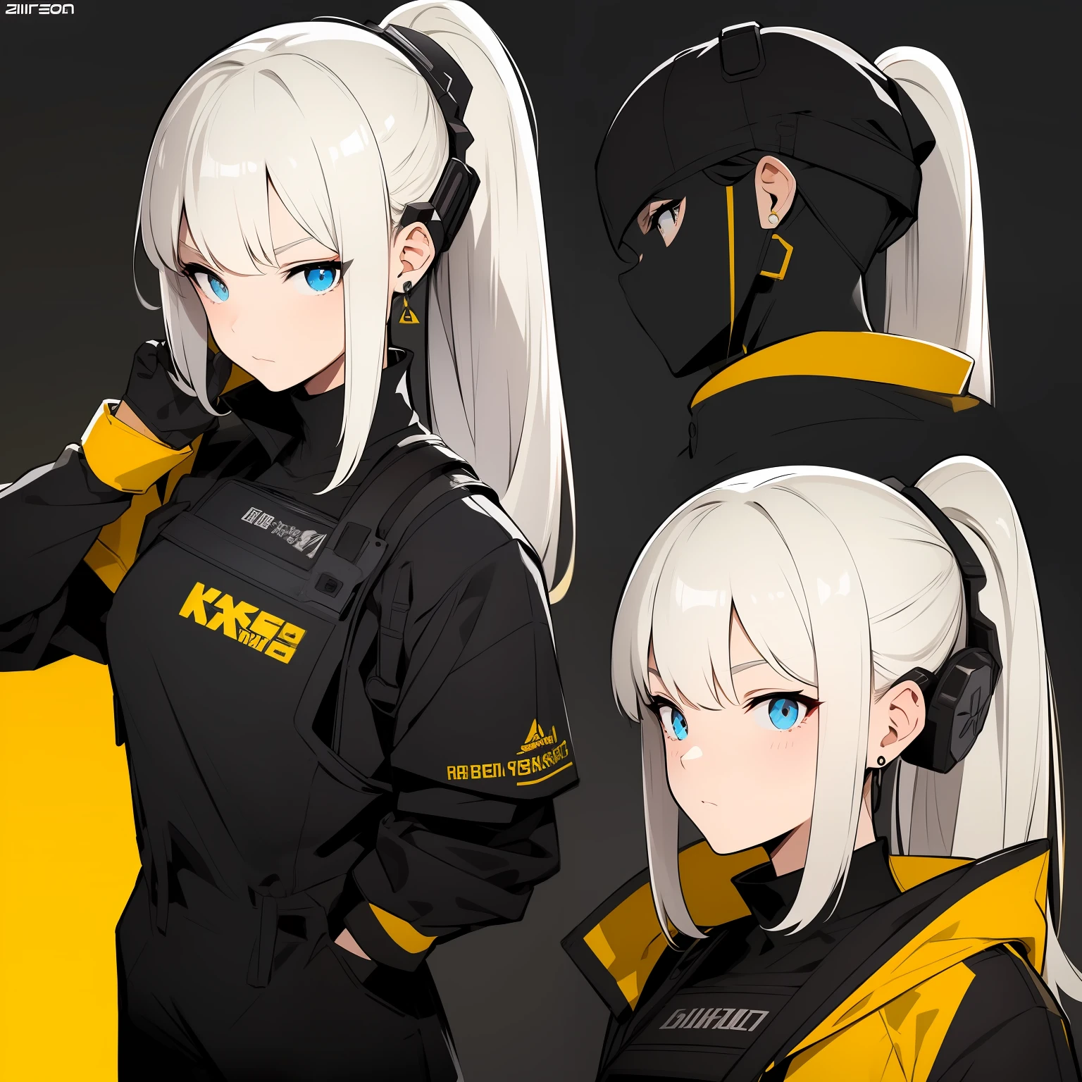 Yellow theme，Masterpiece,Best quality,offcial art,Extremely detailed Cg Unity 8K wallpaper,1girll, joy, Anger and sadness on various expressions，Single ponytail hairstyle，Glowing fist，Mechanical headphones，（（（Red gradient battle suit））），a black cloak，Hand-held laser metal weapons，White hair，character  design，Zhuzeshegi，Sketch line diagram,