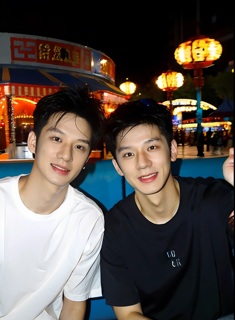 （Chinese handsome：1.5），Two men at an amusement park，the night，masculine pose，realistic detail， photograph of-realistic，textureskin，looking to the camera，18-year-old boy,Studio,