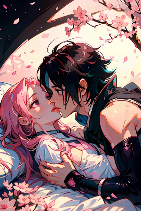 Pink haired woman lying in the arms of a black haired man, royalty, nobility, Princess, elegant, Kiss, hiquality, couple, Kiss, ((sasuke and sakura)). man and woman, staring at each other