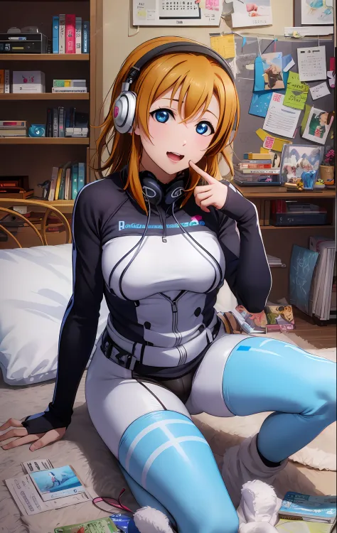 love live!, kousaka honoka,(beautiful detailed blue eyes), solo, (dynamic pose), 1 girl, open legs, sexual arousal, sexual expression, anime, bodysuit, ,big breasts, game console, game controller,television, playstation controller, bookshelf, gamepad, indo...