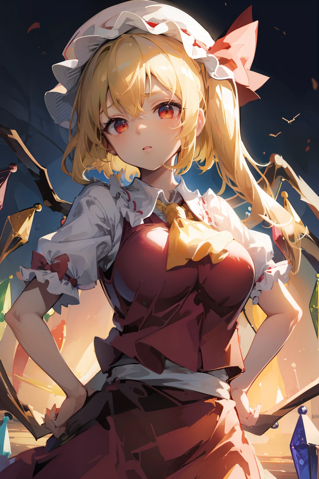 (masterpiece),best quality, expressive eyes, perfect face, 1girl,
big breast, H-cup, good breast, beautiful, gorgeous,anime,girl,lora, floating clothes, tent chest ,
hands on waist, hands on hips, visible  though clothes,flandre scarlet,
1girl,blonde hair,mob cap,hair bow,bowtie,side ponytail,wings,short sleeves,vest,ascot,