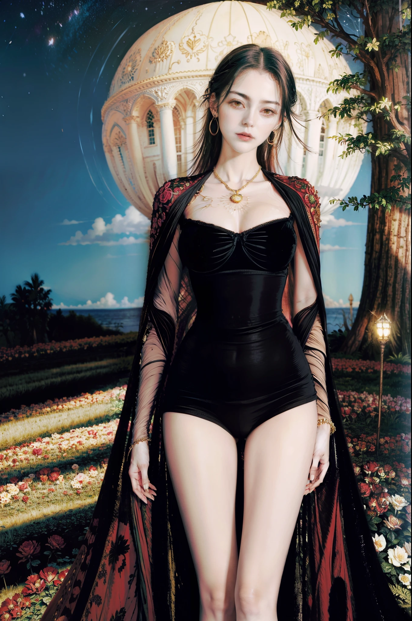 The most beautiful rose bush imaginable and an incredibly elegant young woman, superbly hairstyled, Spectacularly made up and wearing a dazzling dress in golden colors, black and gray fabulous. In a dream garden on a magical night. (masterpiece) (Best Quality)