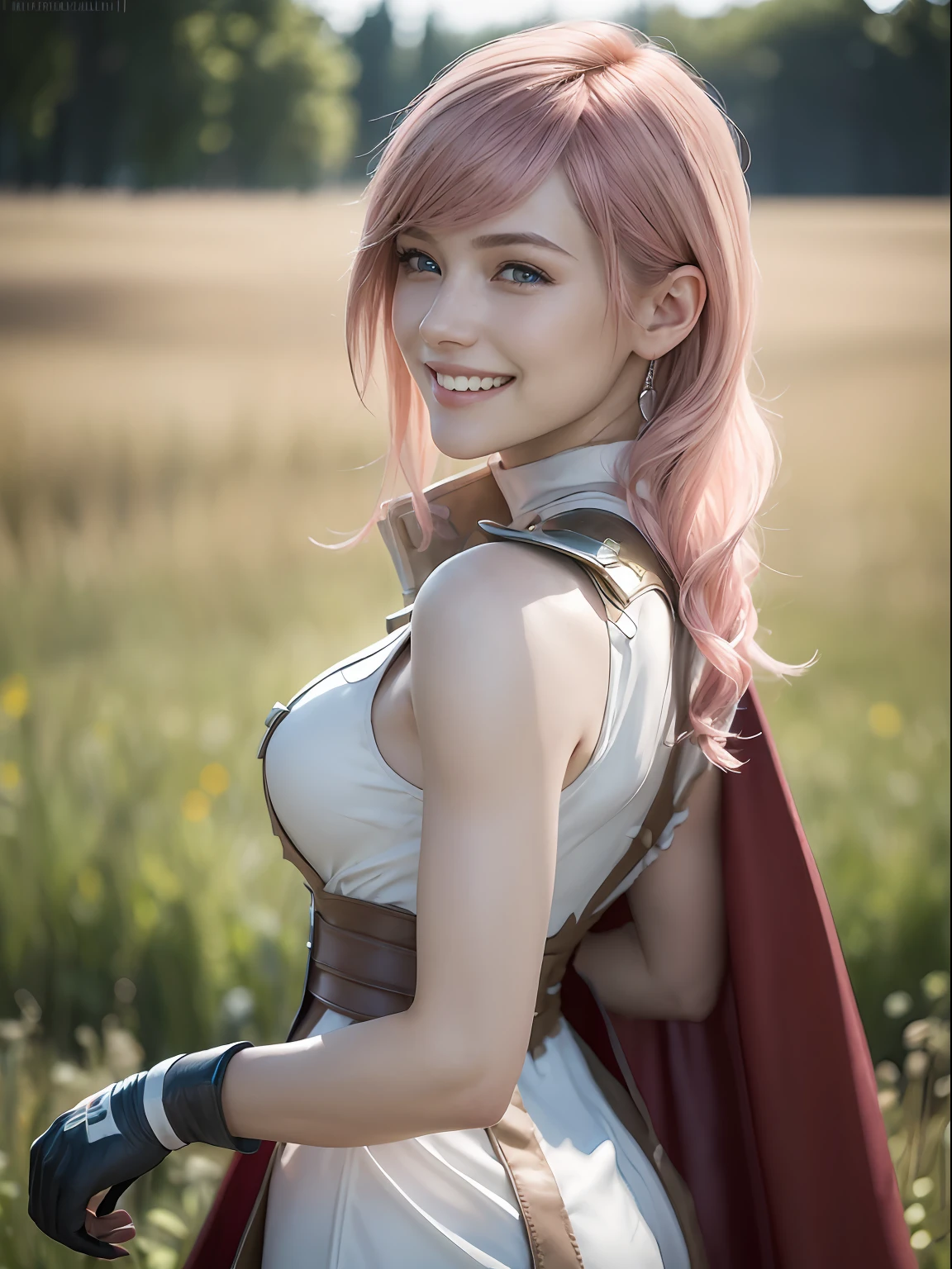 (masterpiece, best quality:1.4), (standing:1.5), (full body shot), (from behind), (1girl, solo:1.5), (european youth:1), lightning farron, sleeveless, shoulder armor, cape, skirt, fingerless gloves, looking at viewer, (soft pink hair:0.5), (sexy smile:1.5), beautiful face, highly detailed face, highly detailed skin, skin pores, in a field, subsurface scattering, realistic pupils, medium breast, full face blush, full lips, detailed background, depth of field, volumetric lighting, sharp focus, absurdres, realistic proportions, good anatomy, (realistic, hyperrealistic:1.4), 16k hdr,