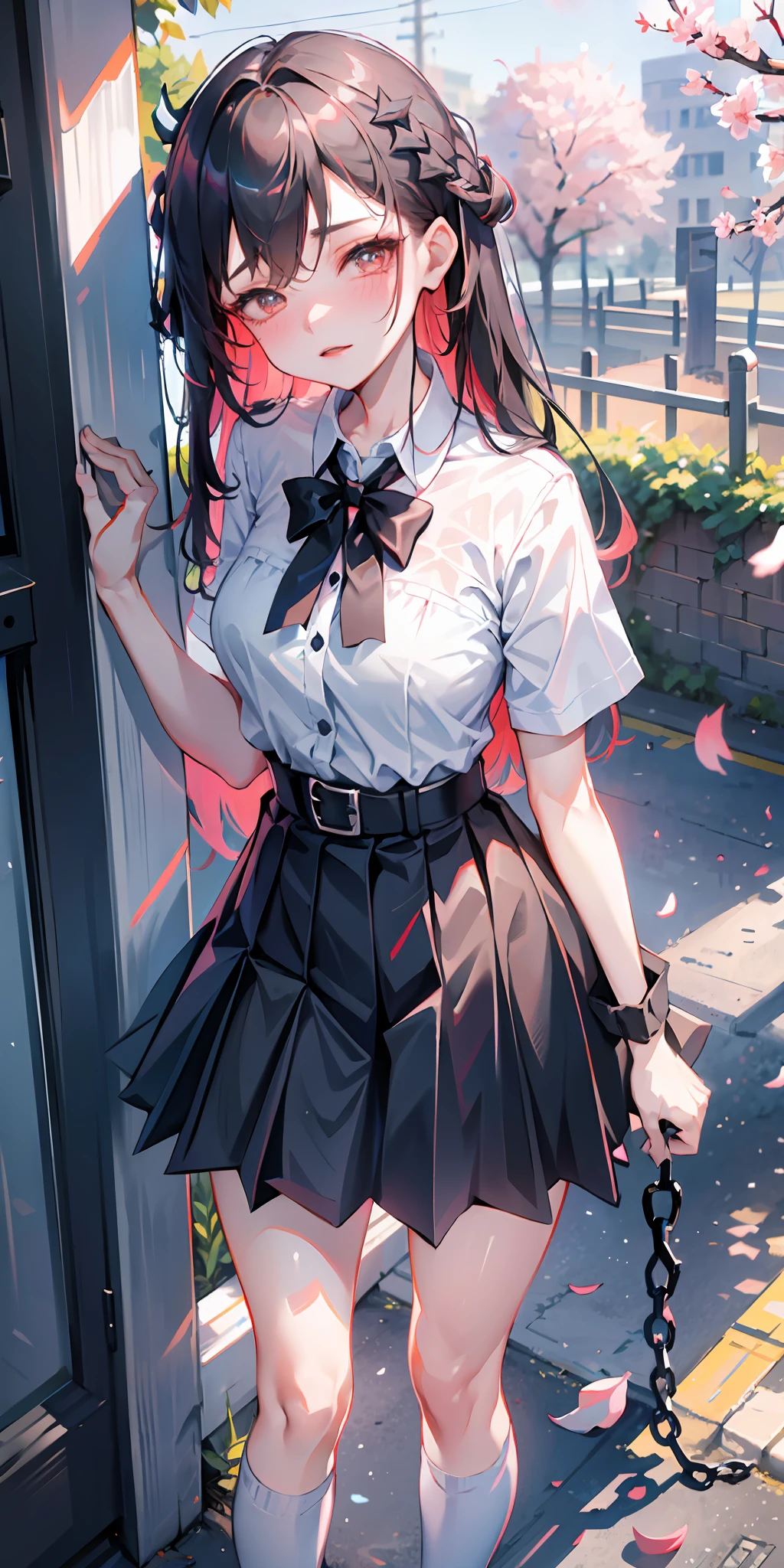 1人の女の子, black スカート, 支店, 建物, chain-link フェンス, 桜, フェンス, 長い髪, 屋外, 花びら, pleated スカート, 雨, シャツ, 半袖, スカート, 一人で, 立っている, 木,
空,s木t