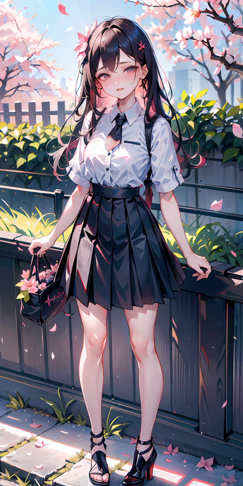 1girl, black skirt, branch, building, chain-link fence, cherry blossoms, fence, long hair, outdoors, petals, pleated skirt, rain, shirt, short sleeves, skirt, solo, standing, tree,
sky,street