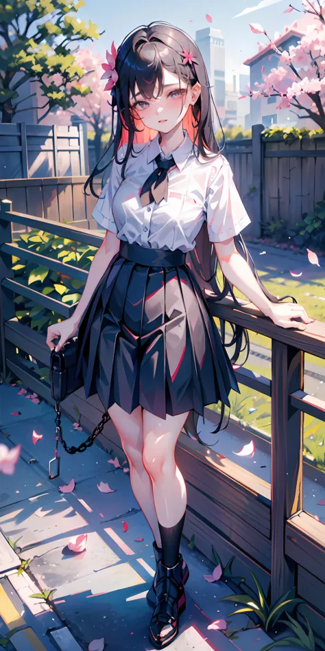 1girl, black skirt, branch, building, chain-link fence, cherry blossoms, fence, long hair, outdoors, petals, pleated skirt, rain...
