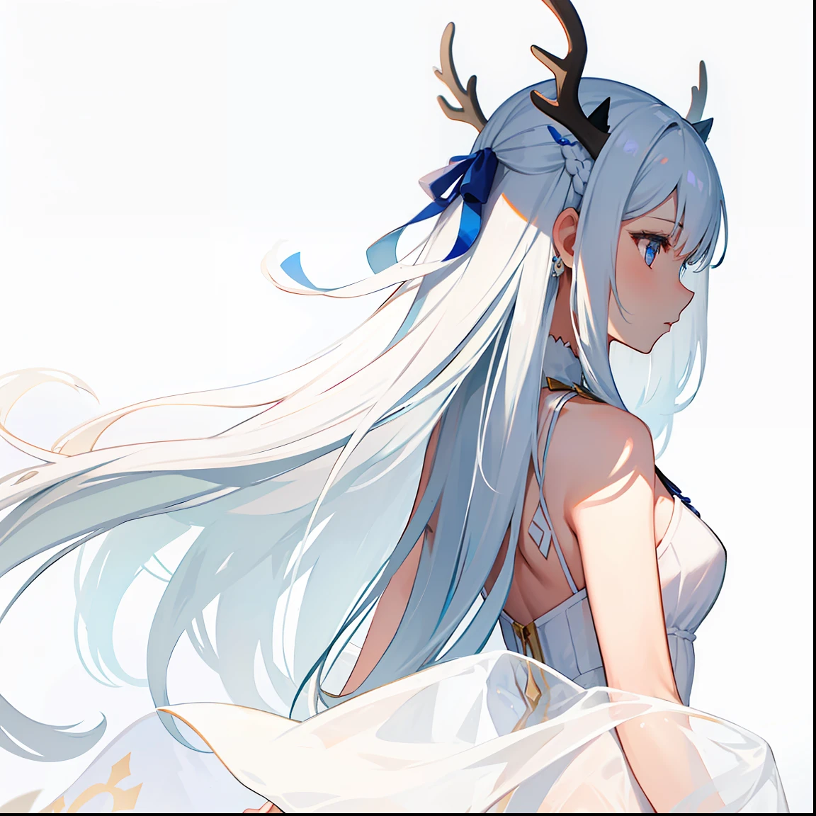 long whitr hair，snowfield，beast ear，deer antlers，back to look back，long  white hair