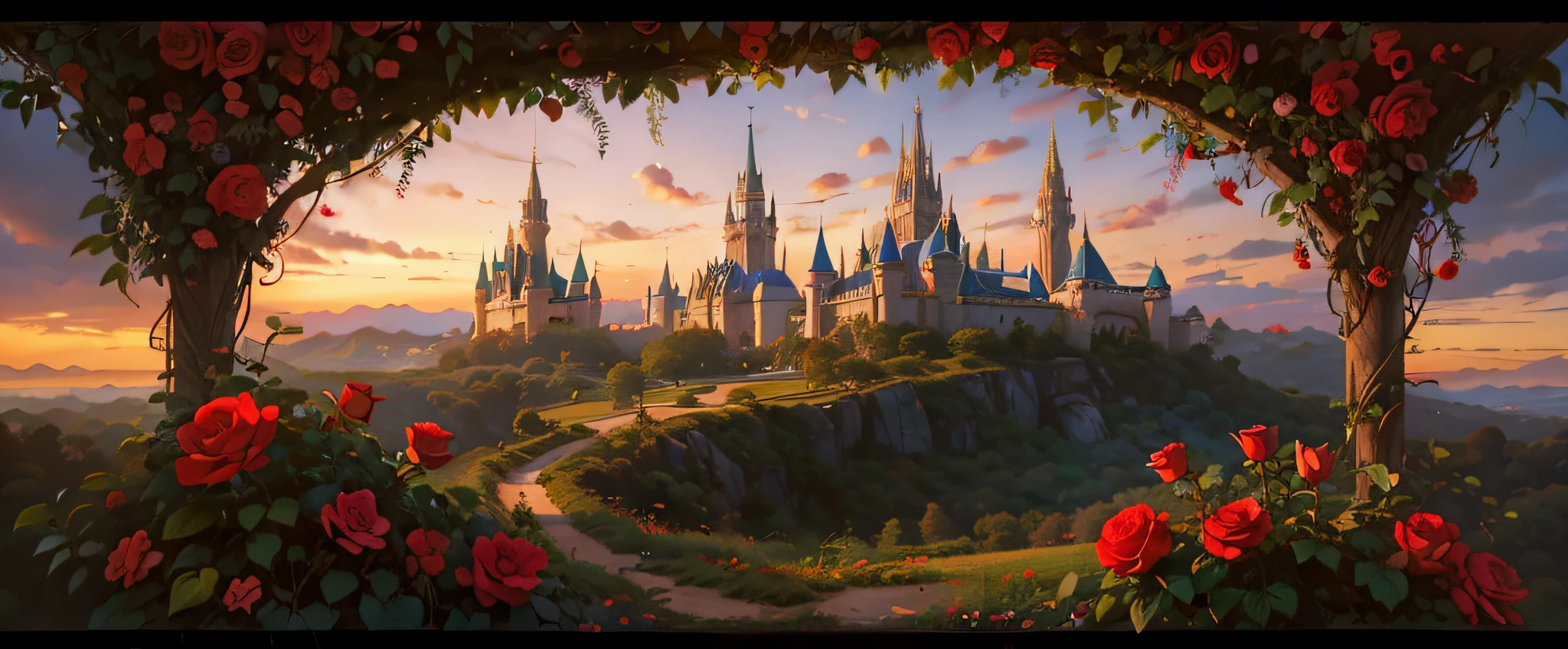 Imagem minimalista de um castelo com rosas vermelhas em primeiro plano, arte disney, Castelo bonito, magic castle, Fundo Disneyland, arte conceitual disney, arte de conto de fadas, pintura de conto de fadas, moldura dourada com rosas vermelhas, fantasia, Greg Hildebrandt altamente detalhado, fantasia arte vitoriana, beautiful render of a fairytale