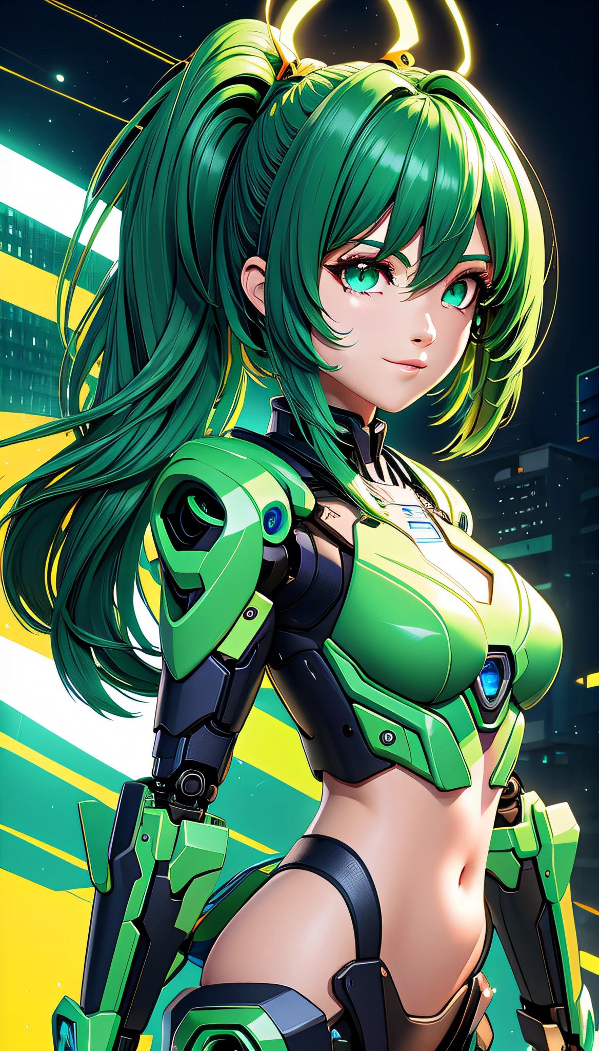 ((master part)), best qualityer, (8k, best qualityer, Masterpiece artwork: 1.2), ultra detali, illustration, beautiful detailed eyes, beautiful detailed hair, ((fully body)), 1girl, 独奏, mecha, mecha_musume, cyborg, cool_movement, hair green, citys, cyberpunk,3d