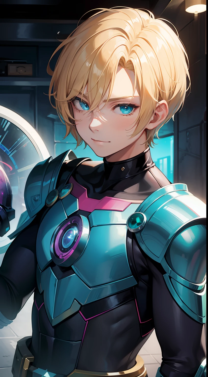 Young guy, short blonde hair, Cyan eyes, Mysterio, smirk, Masterpiece, hiquality