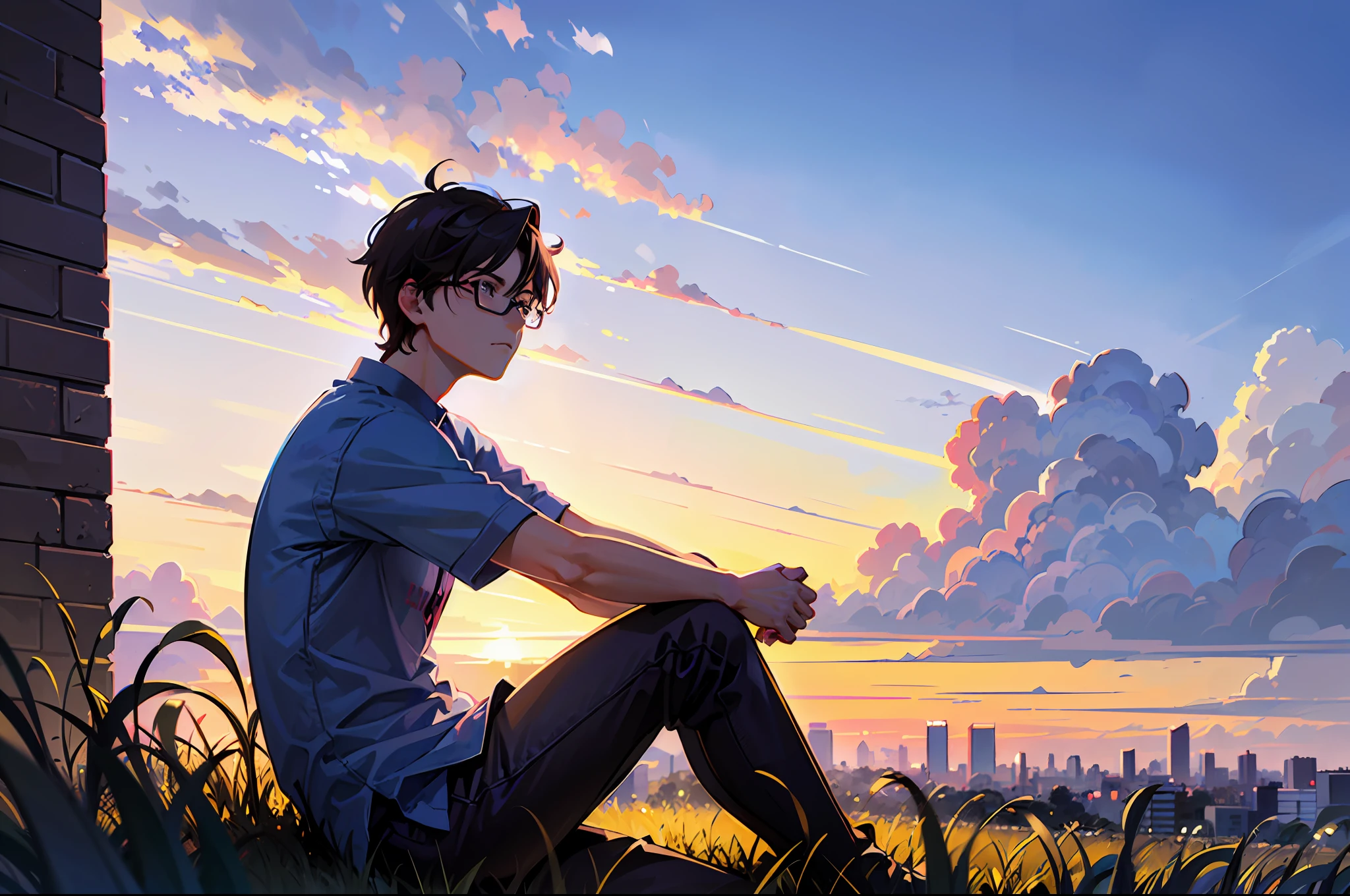 a college boy with glasses sitting on wide grass field, blue shirt, side view, evening sky, city scape, sad face, tired,  lofi portrait, digital anime illustration, detailed digital anime art, high quality anime artstyle