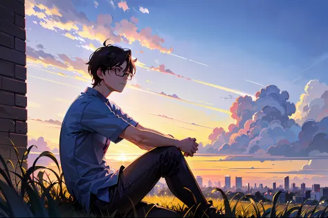 a college boy with glasses sitting on wide grass field, blue shirt, side view, evening sky, city scape, sad face, tired,  lofi p...